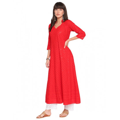 Casual 3/4th Sleeve Chikan Embroidery Cotton Kurti (Red)