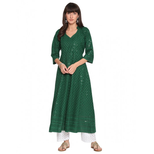 Casual 3/4th Sleeve Chikan Embroidery Cotton Kurti (Green)