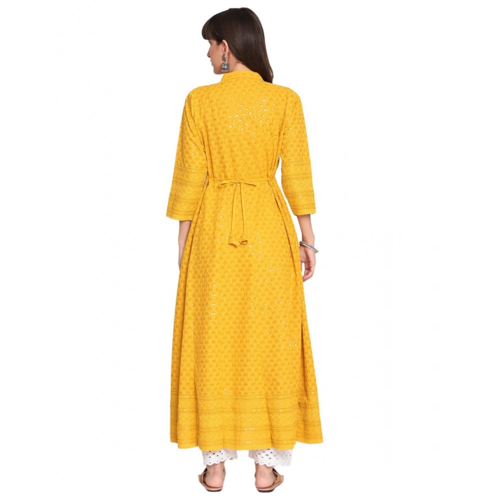 Casual 3/4th Sleeve Chikan Embroidery Cotton Kurti (Yellow)