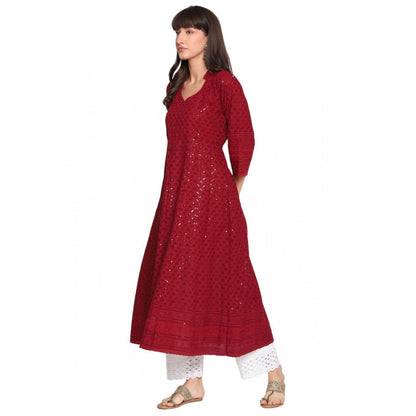 Casual 3/4th Sleeve Chikan Embroidery Cotton Kurti (Maroon)