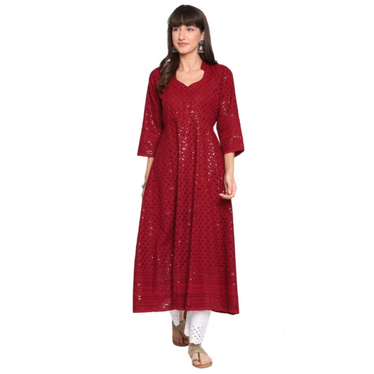 Casual 3/4th Sleeve Chikan Embroidery Cotton Kurti (Maroon)