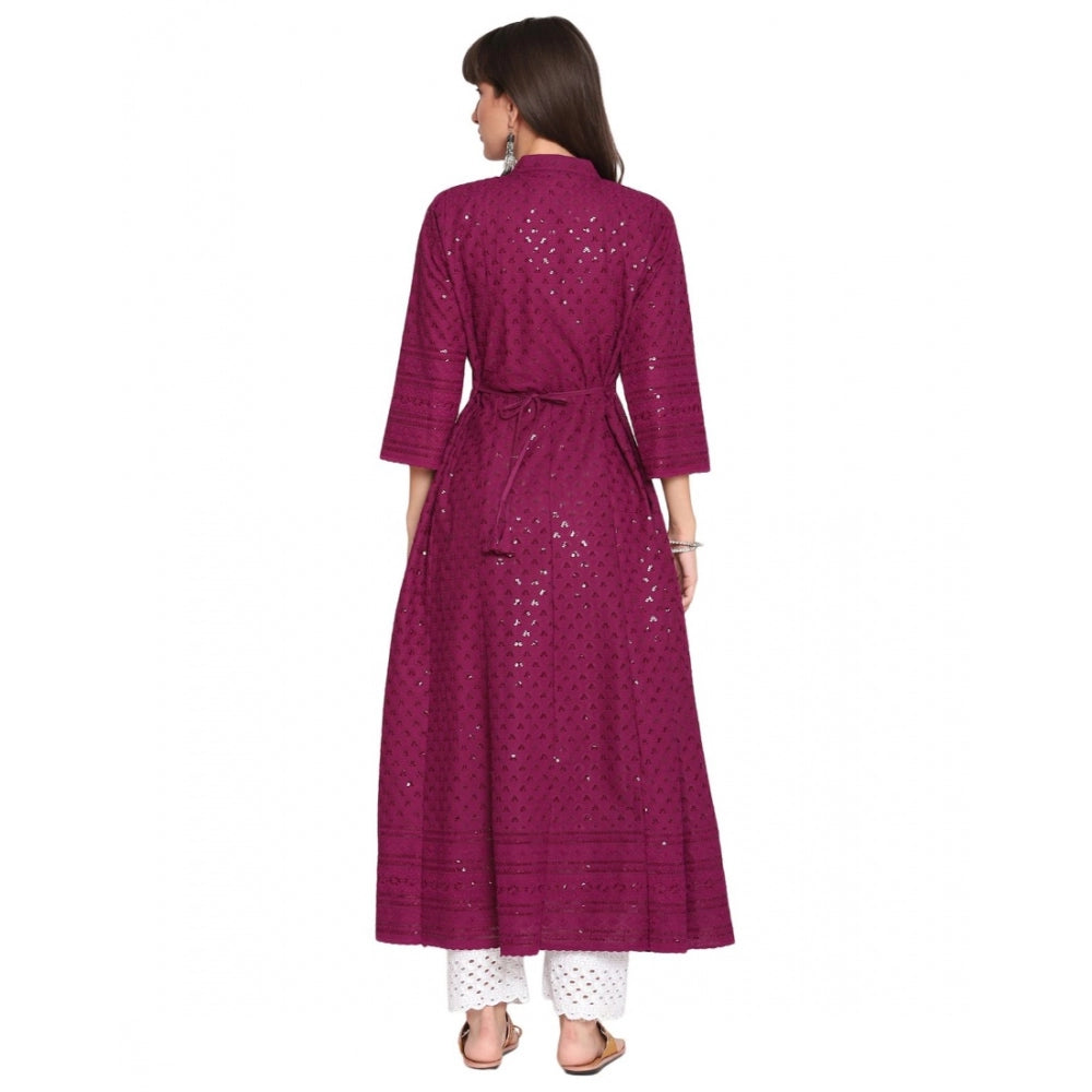 Casual 3/4th Sleeve Chikan Embroidery Cotton Kurti (Majenta)