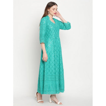 Casual 3/4th Sleeve Embroidered Cotton Kurti (Blue)