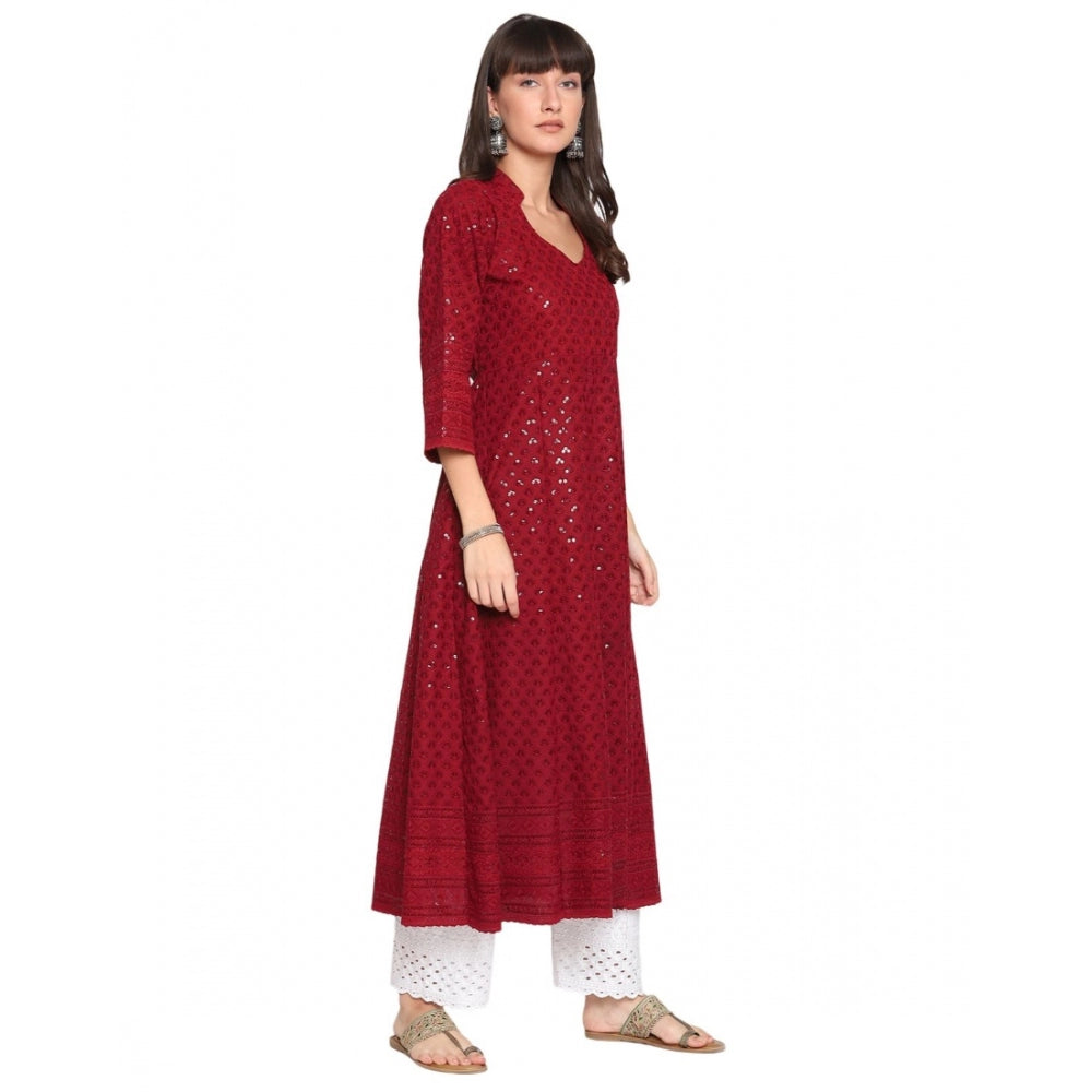 Casual 3/4th Sleeve Chikan Embroidery Cotton Kurti (Maroon)