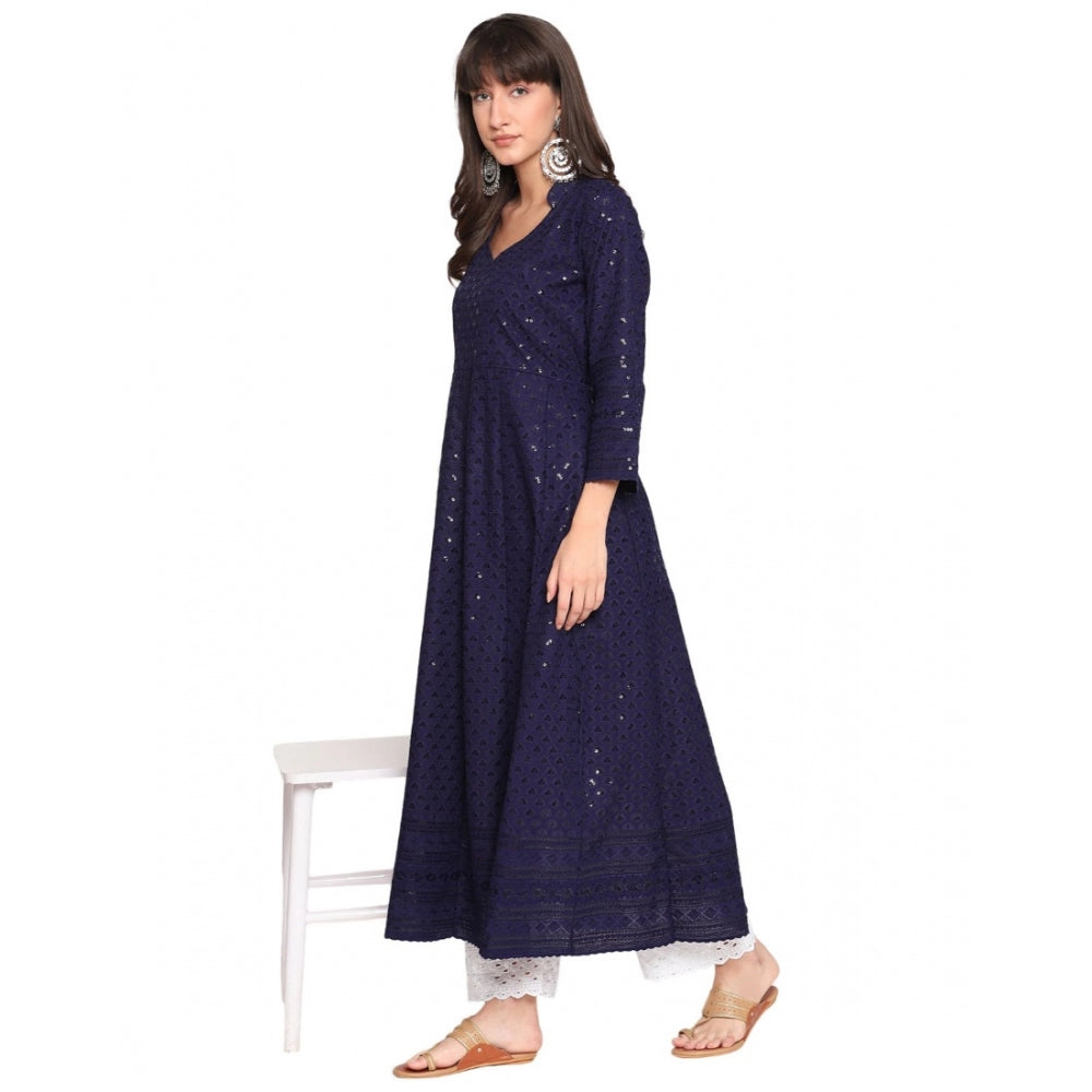 Casual 3/4th Sleeve Chikan Embroidery Cotton Kurti (Navy)