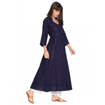 Casual 3/4th Sleeve Chikan Embroidery Cotton Kurti (Navy)