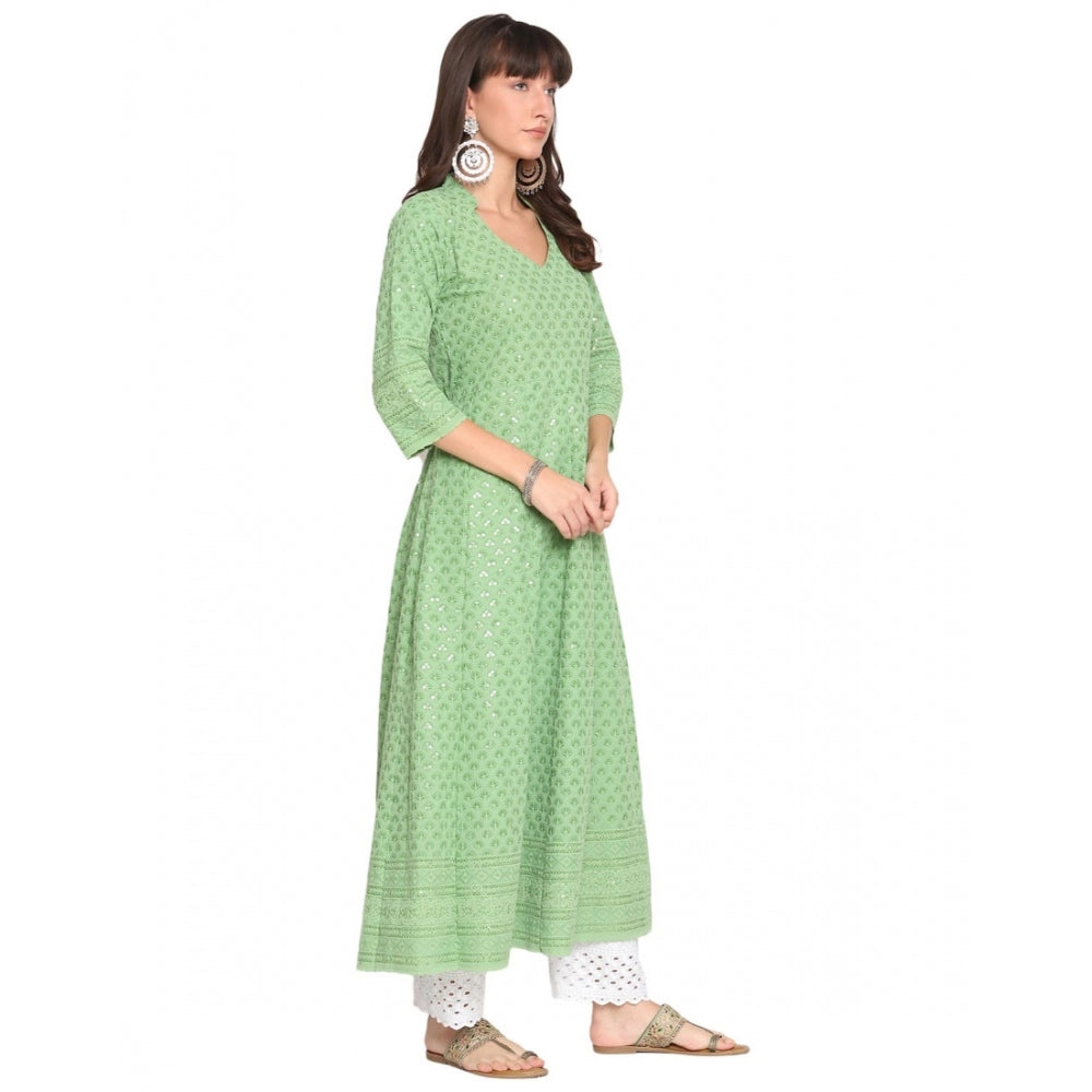 Casual 3/4th Sleeve Chikan Embroidery Cotton Kurti (Mint)