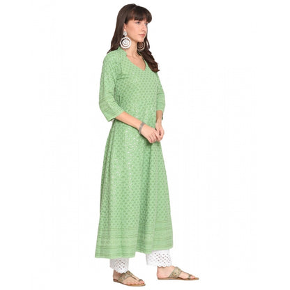 Casual 3/4th Sleeve Chikan Embroidery Cotton Kurti (Mint)