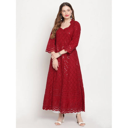 Casual 3/4th Sleeve Embroidered Cotton Kurti (Maroon)