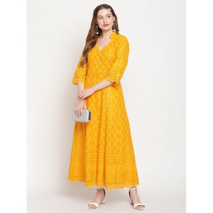 Casual 3/4th Sleeve Embroidered Cotton Kurti (Mustard)