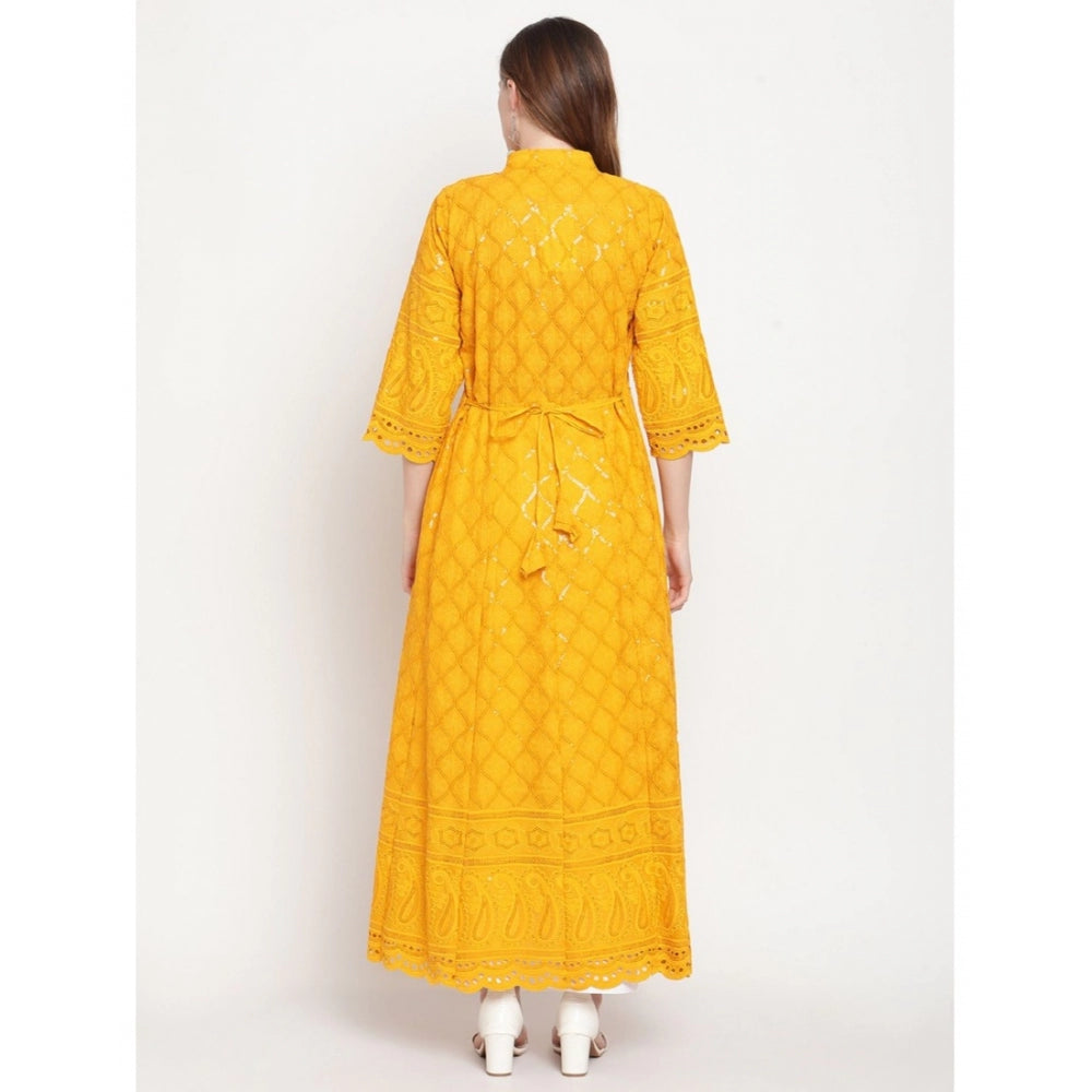 Casual 3/4th Sleeve Embroidered Cotton Kurti (Mustard)