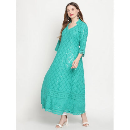 Casual 3/4th Sleeve Embroidered Cotton Kurti (Blue)