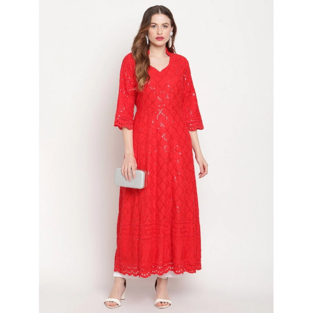 Casual 3/4th Sleeve Embroidered Cotton Kurti (Red)