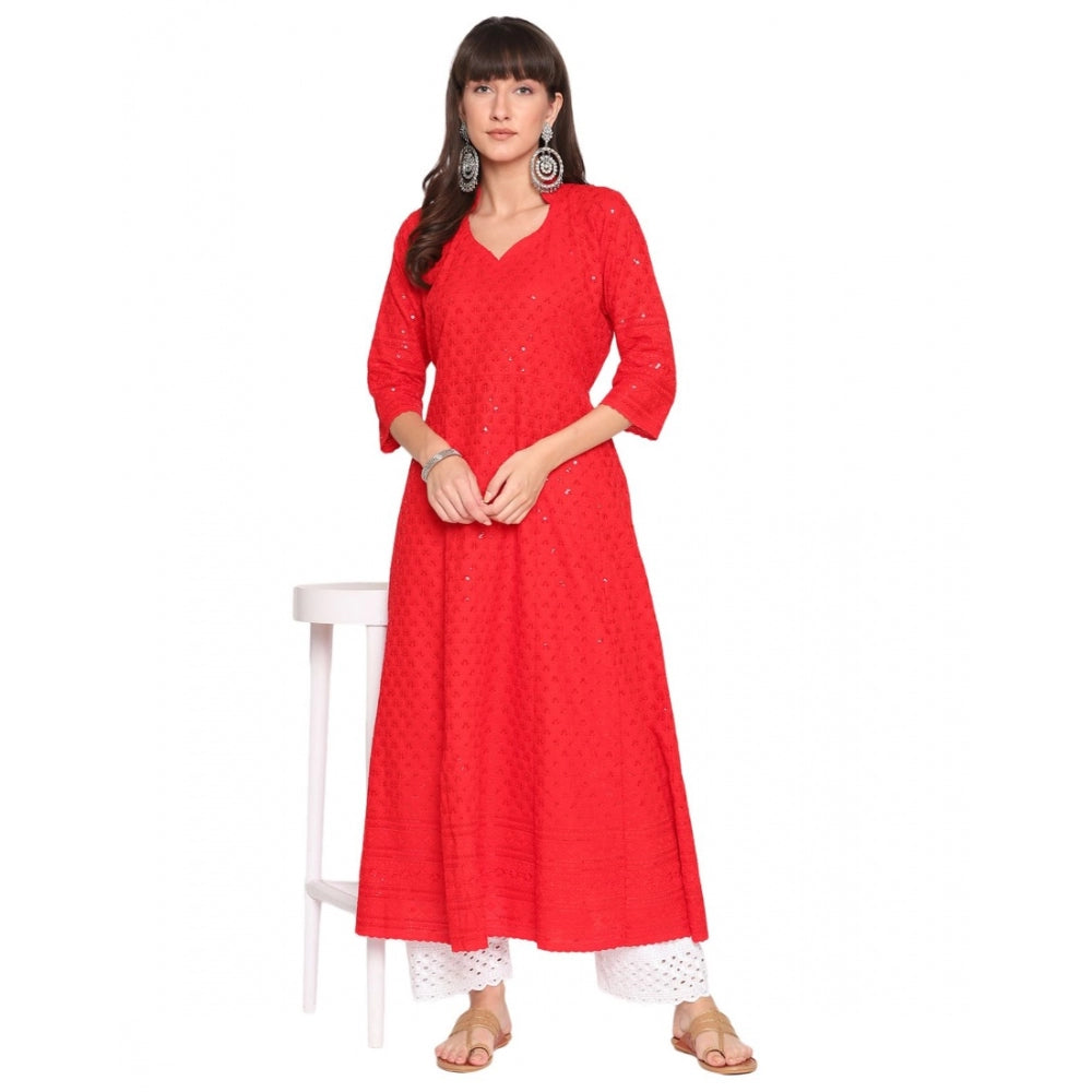 Casual 3/4th Sleeve Chikan Embroidery Cotton Kurti (Red)