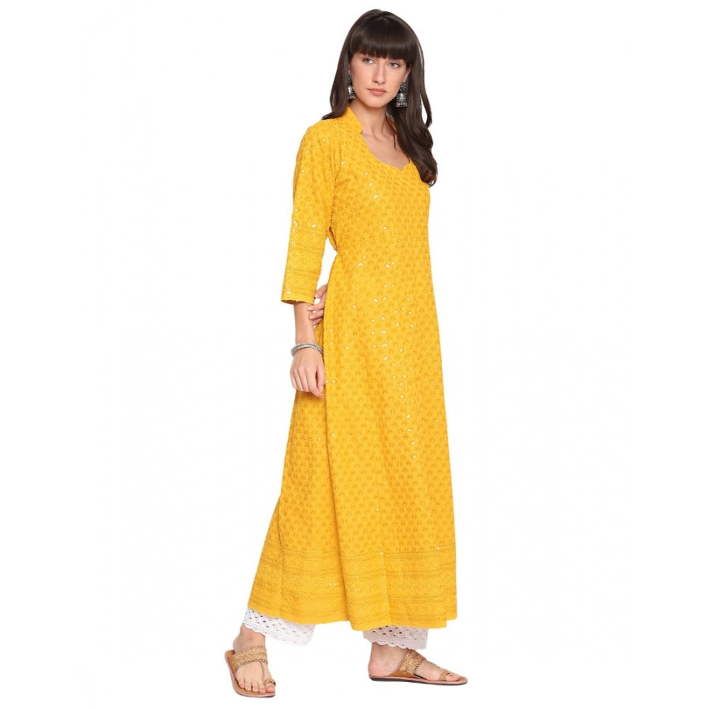 Casual 3/4th Sleeve Chikan Embroidery Cotton Kurti (Yellow)