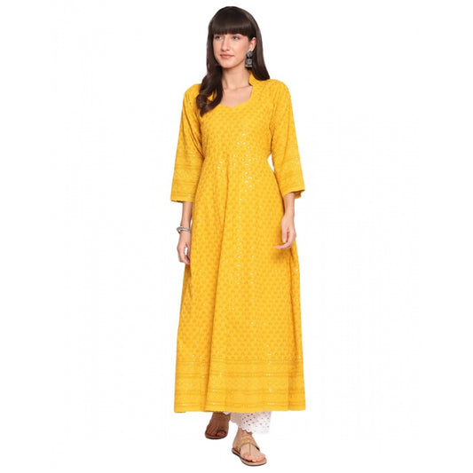 Casual 3/4th Sleeve Chikan Embroidery Cotton Kurti (Yellow)