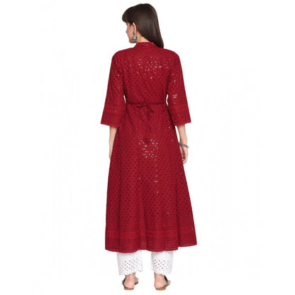 Casual 3/4th Sleeve Chikan Embroidery Cotton Kurti (Maroon)