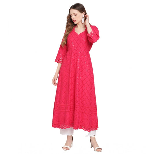 Casual 3/4th Sleeve Embroidered Cotton Kurti (Magenta)