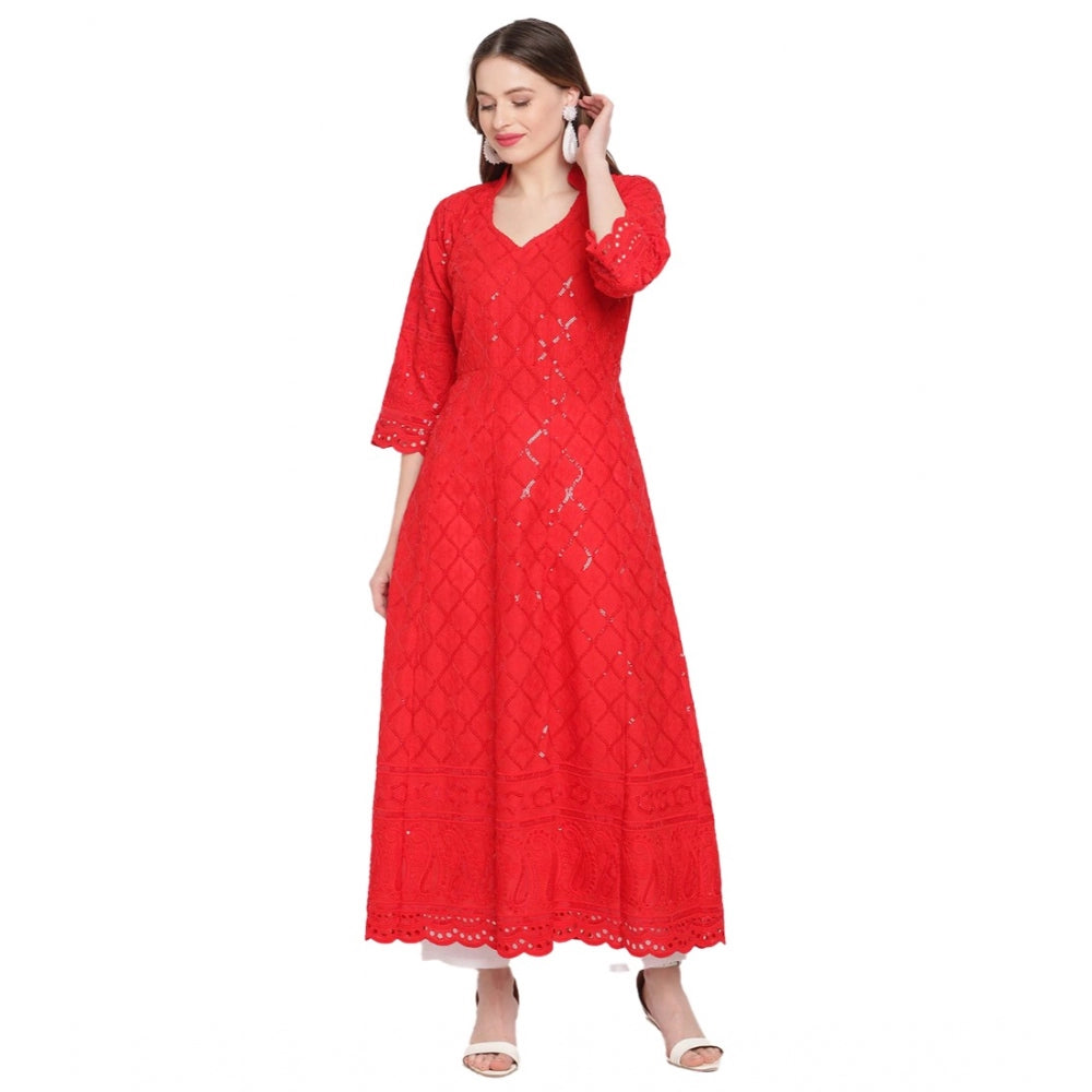 Casual 3/4th Sleeve Embroidered Cotton Kurti (Red)