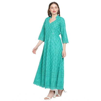 Casual 3/4th Sleeve Embroidered Cotton Kurti (Blue)