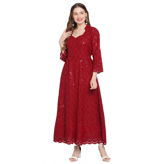 Casual 3/4th Sleeve Embroidered Cotton Kurti (Maroon)