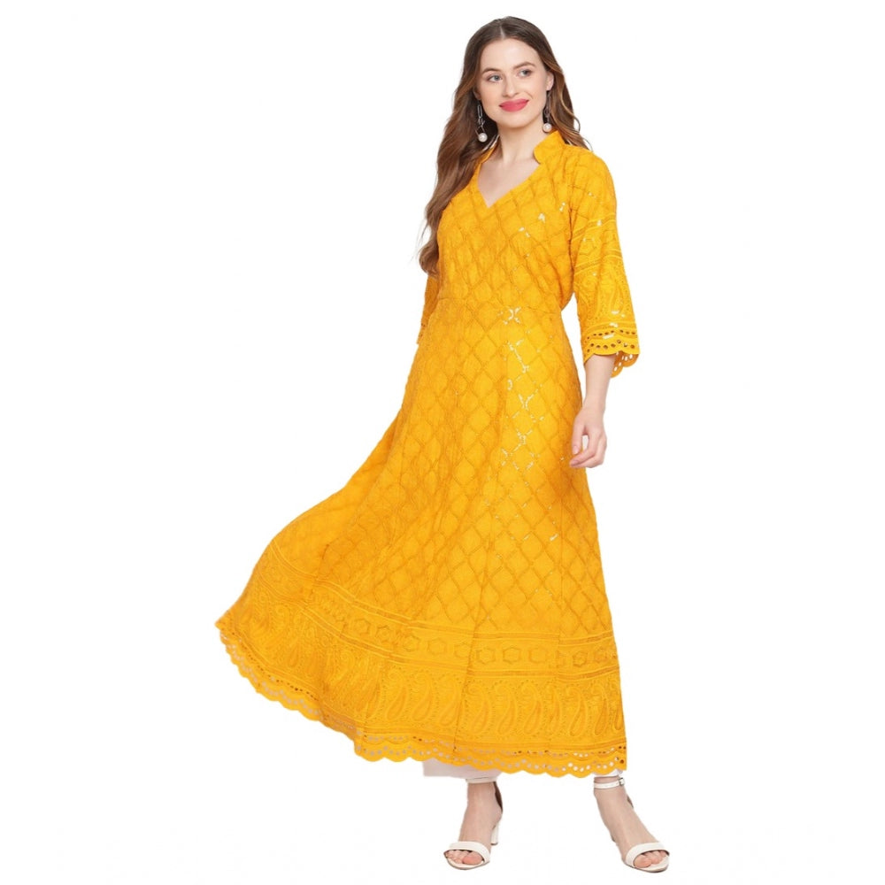 Casual 3/4th Sleeve Embroidered Cotton Kurti (Mustard)