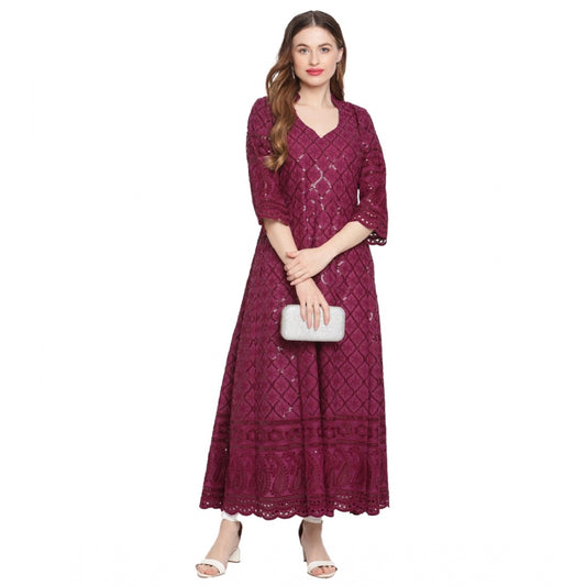 Casual 3/4th Sleeve Embroidered Cotton Kurti (Purple)