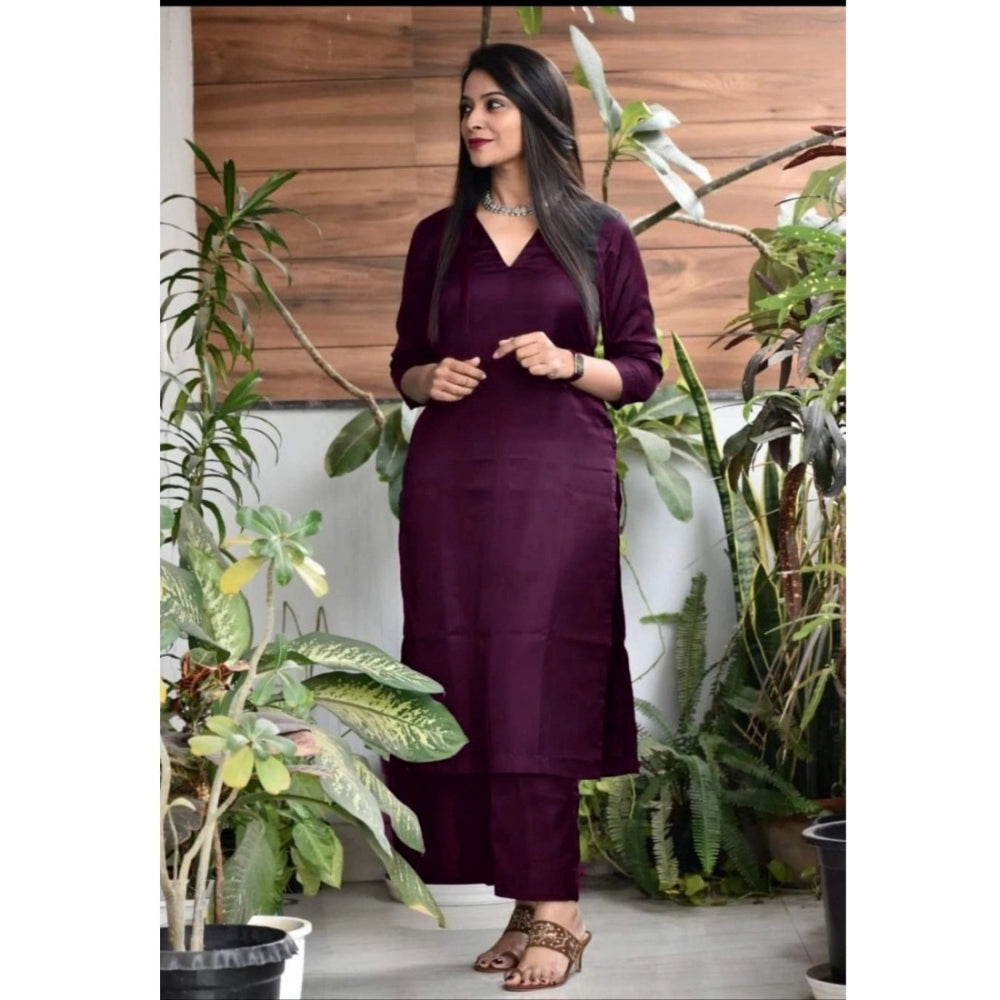 Casual 3/4th Sleeve Solid Jam Cotton kurti With Pant Set (Purple)