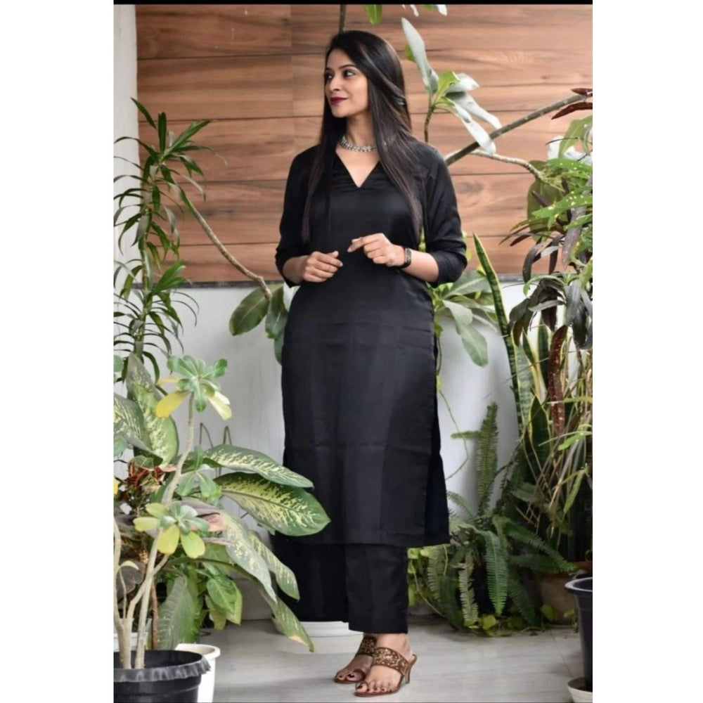 Casual 3/4th Sleeve Solid Jam Cotton kurti With Pant Set (Black)