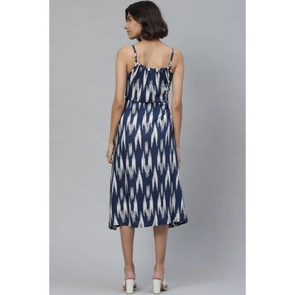 Casual Sleeveless Ikat Print Rayon Dress (Blue)