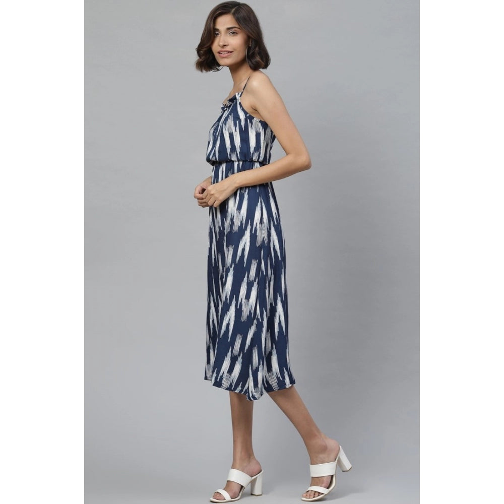 Casual Sleeveless Ikat Print Rayon Dress (Blue)