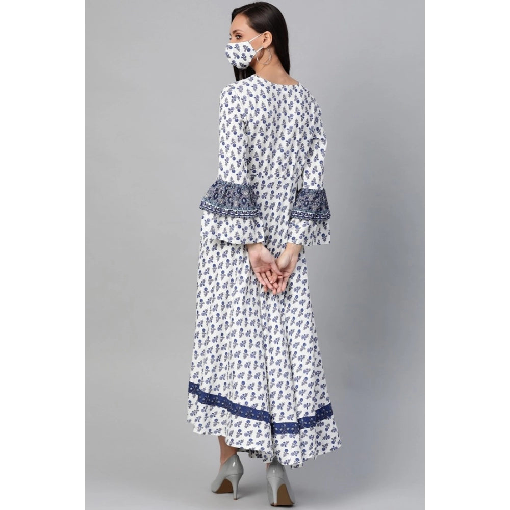 Casual Bell Sleeve Floral Printed Rayon Dress (White &amp; Blue)