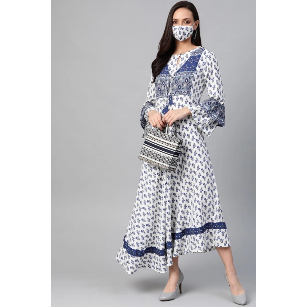 Casual Bell Sleeve Floral Printed Rayon Dress (White &amp; Blue)