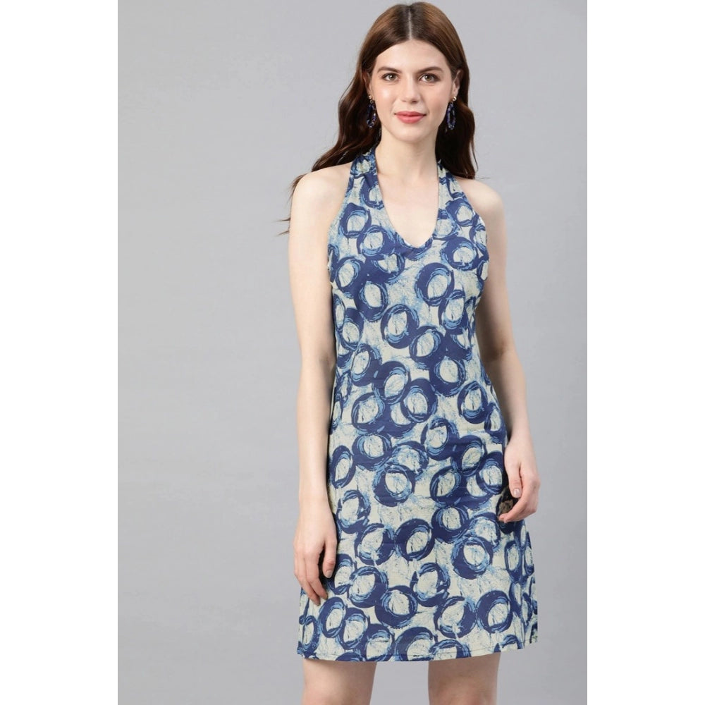 Casual Sleeveless Floral printed Cotton Dress (Blue)