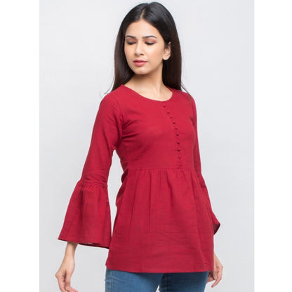 Casual Bell Sleeves Solid Cotton Top (Maroon)