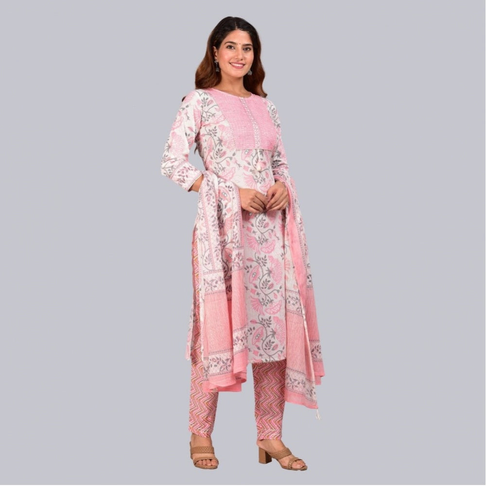 Casual 3/4 th Sleeve Floral Printed Cotton Kurti &amp; Pant With Dupatta (Baby Pink)