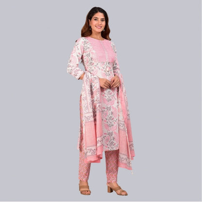 Casual 3/4 th Sleeve Floral Printed Cotton Kurti &amp; Pant With Dupatta (Baby Pink)