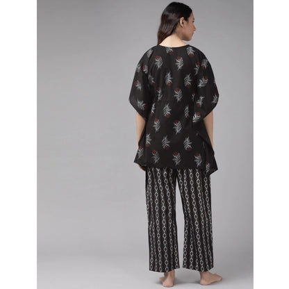 Casual Kimono Sleeve Floral Printed Cotton Pyjama Set (Black)