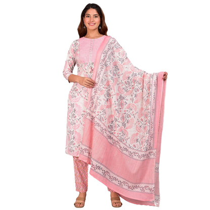 Casual 3/4 th Sleeve Floral Printed Cotton Kurti &amp; Pant With Dupatta (Baby Pink)