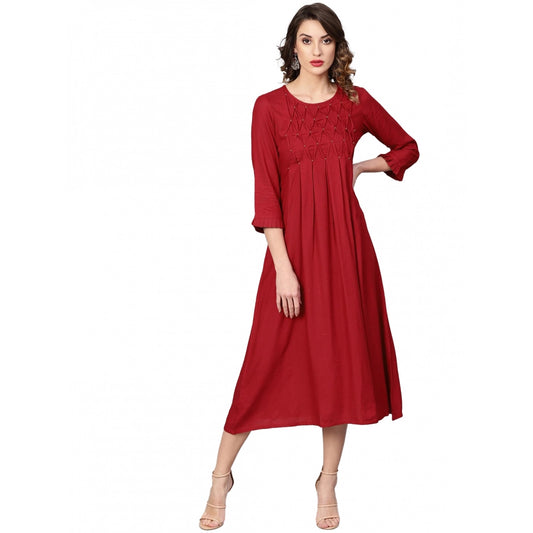 Casual 3/4 th Sleeve Solid Rayon Dobby Dress (Maroon)