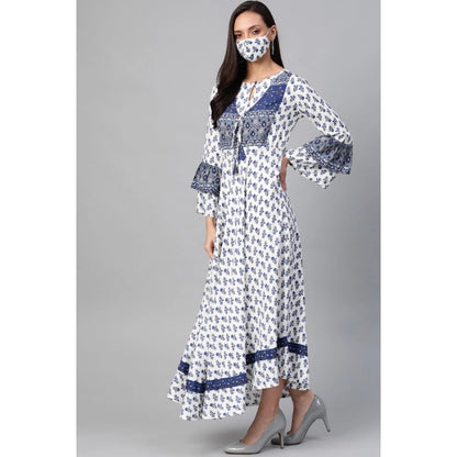 Casual Bell Sleeve Floral Printed Rayon Dress (White &amp; Blue)