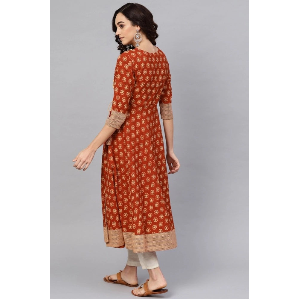 Casual 3/4 th Sleeve Floral Printed Cotton Slub Kurti (Brown)