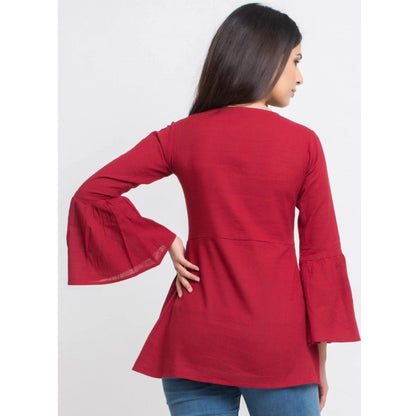 Casual Bell Sleeves Solid Cotton Top (Maroon)