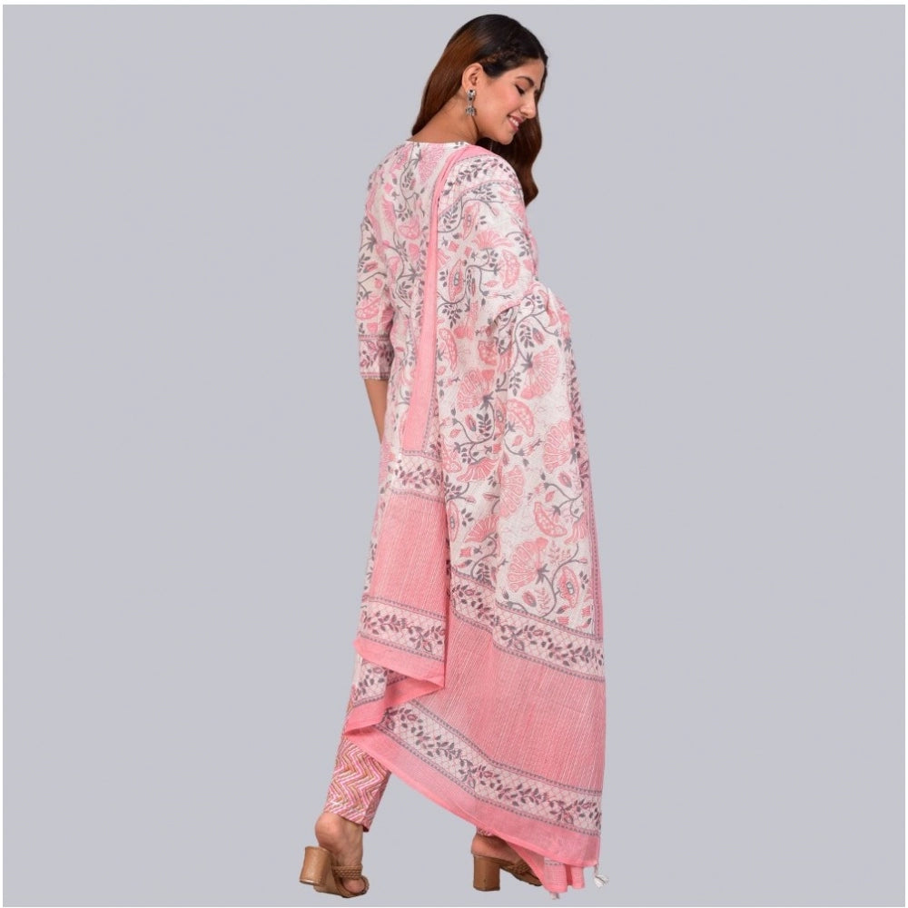 Casual 3/4 th Sleeve Floral Printed Cotton Kurti &amp; Pant With Dupatta (Baby Pink)