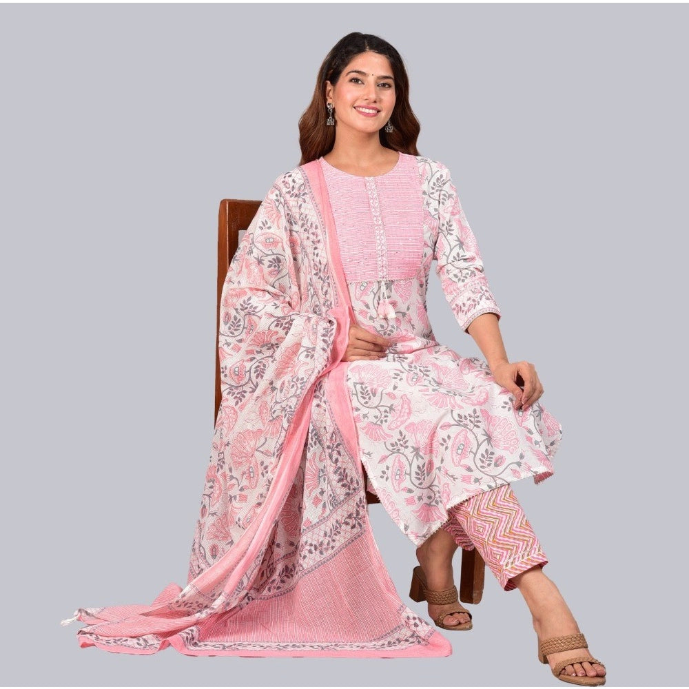 Casual 3/4 th Sleeve Floral Printed Cotton Kurti &amp; Pant With Dupatta (Baby Pink)