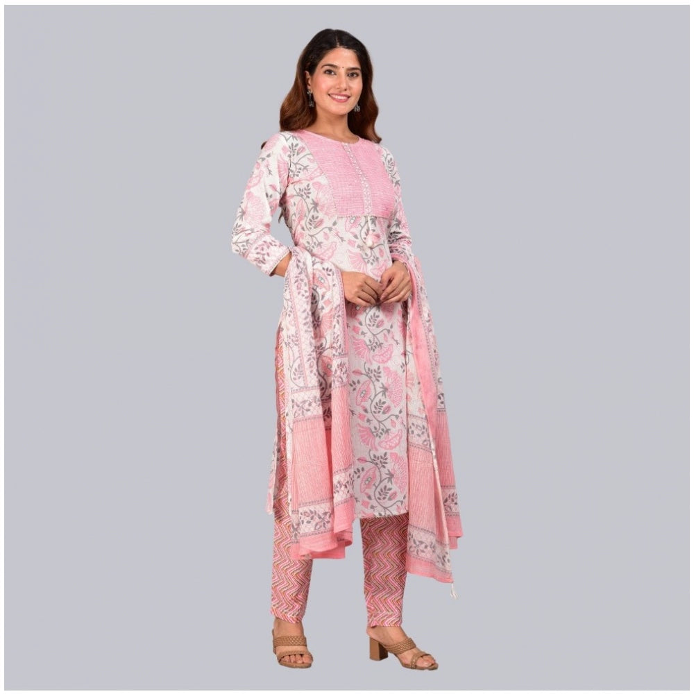 Casual 3/4 th Sleeve Floral Printed Cotton Kurti &amp; Pant With Dupatta (Baby Pink)