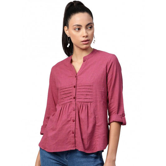 Casual Roll up sleeve Solid Cotton Slub Shirts (Pink)