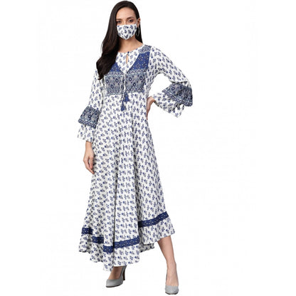 Casual Bell Sleeve Floral Printed Rayon Dress (White &amp; Blue)