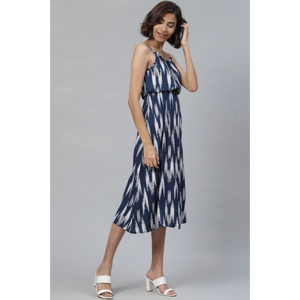 Casual Sleeveless Ikat Print Rayon Dress (Blue)