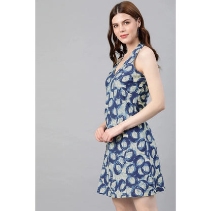 Casual Sleeveless Floral printed Cotton Dress (Blue)